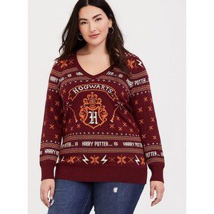 NWT Torrid HARRY POTTER HOGWARTS CREST DARK RED HOLIDAY V-NECK SWEATER 2X